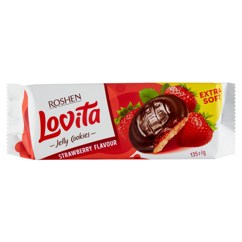 Roshen Lovita Jelly Cookies eper ízesítésű zselével töltött teasütemény kakaós bevonattal 135 g