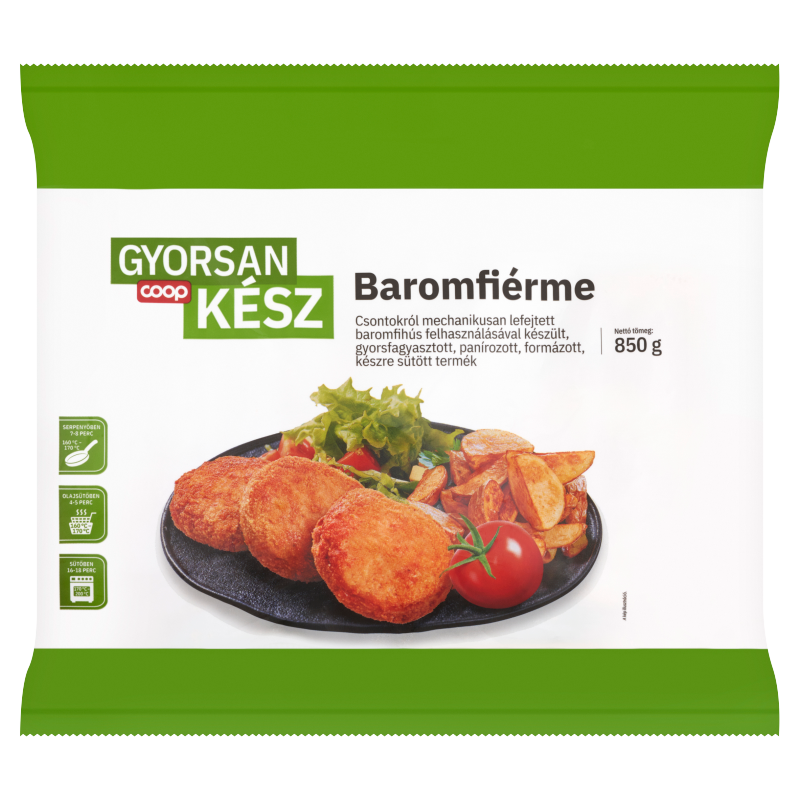 Coop Gyorsan Kész gyorsfagyasztott, panírozott, formázott, készre sütött baromfiérme 850 g