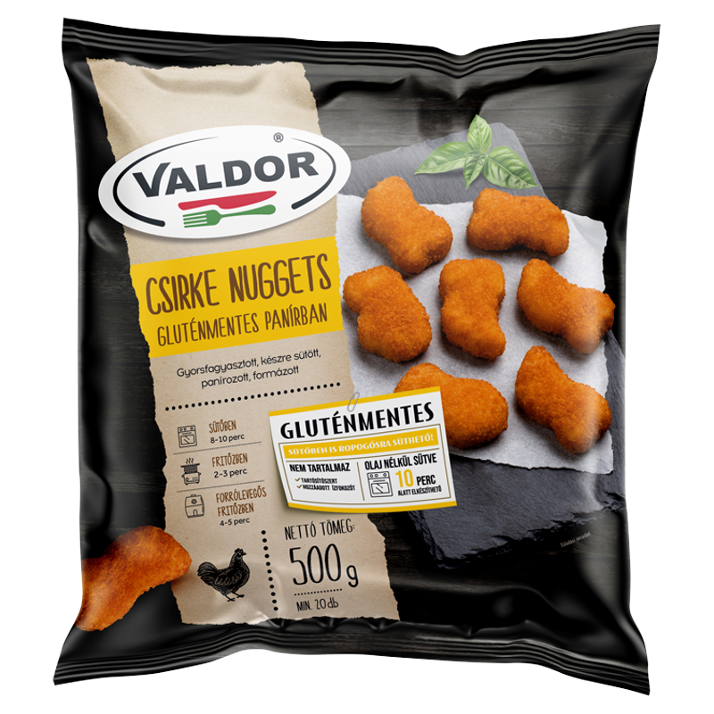 Valdor gyorsfagyasztott, készre sütött, panírozott csirke nuggets gluténmentes panírban 500 g