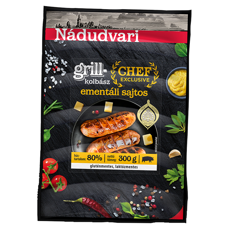 Nádudvari Chef Exclusive ementáli sajtos sertés grillkolbász 300 g