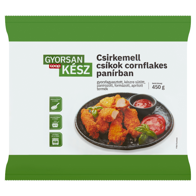 Coop Gyorsan Kész gyorsfagyasztott, készre sütött csirkemell csíkok cornflakes panírban 450 g