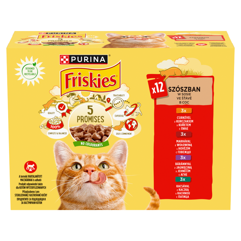 Friskies állateledel macskák számára szószban csirkével/marhával/báránnyal/kacsával 12 x 85 g